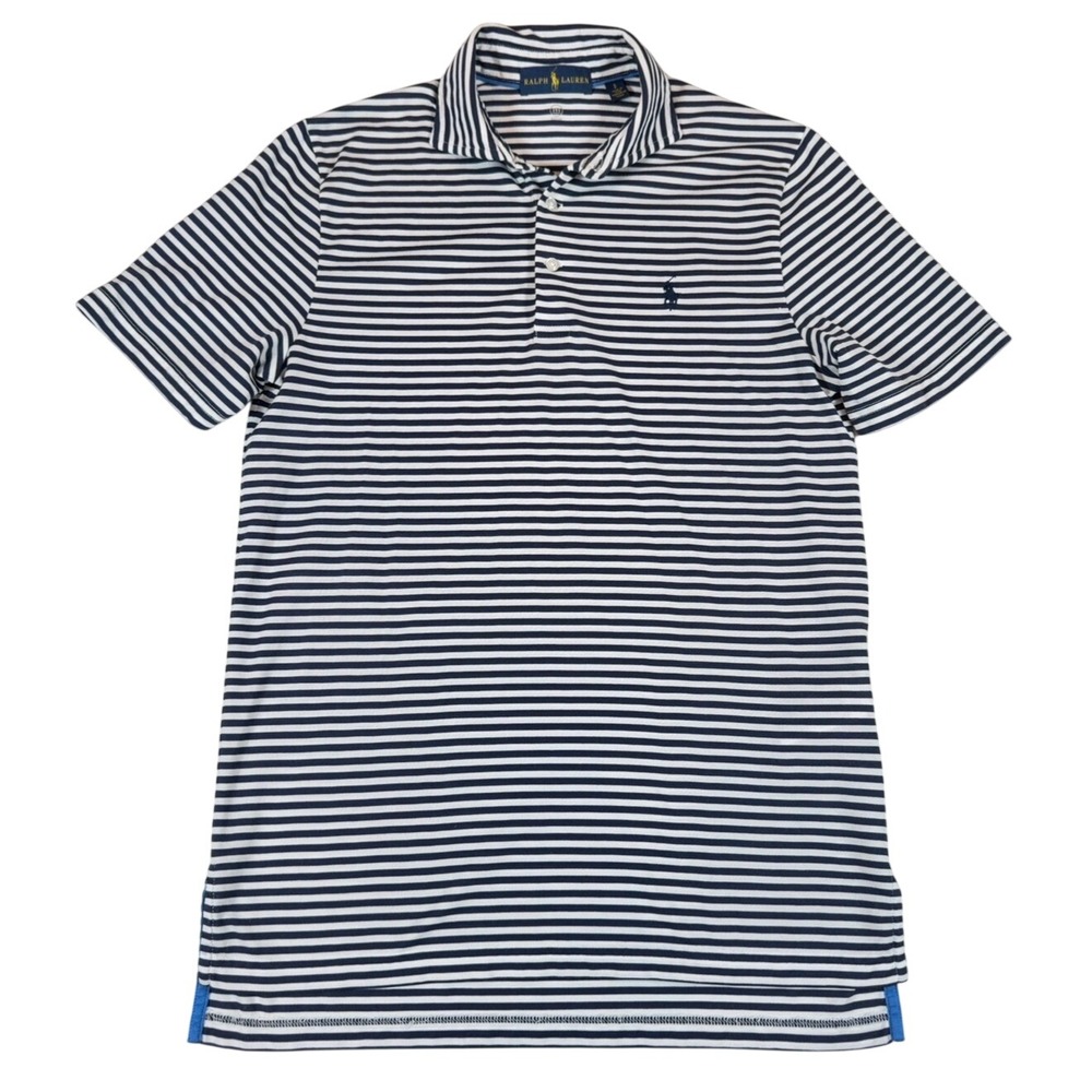Ralph Lauren Navy White Striped Short Sleeve Polo Shirt Pony Logo Sz S Wicking